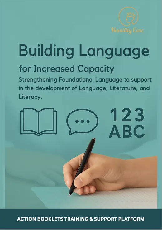 Building Language for Increased Capacity Action Booklet cover, Level 1, with a hand writing beside a book, speech bubble and 123 ABC icons
