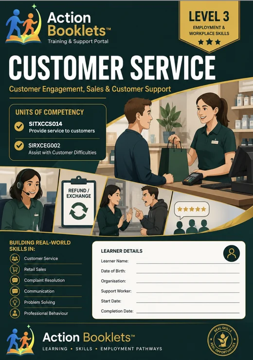 Customer Service Action Booklet cover, Level 3 employment and workplace skills