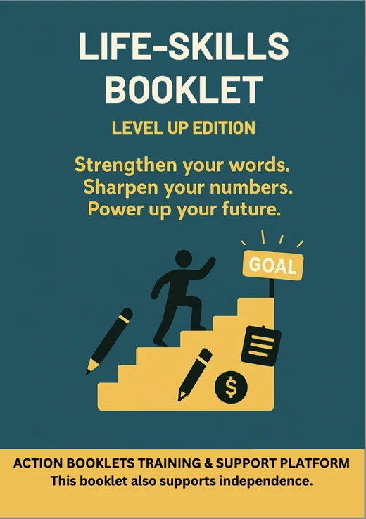 Life-Skills Action Booklet cover, Level Up Edition, with a figure climbing steps towards a goal