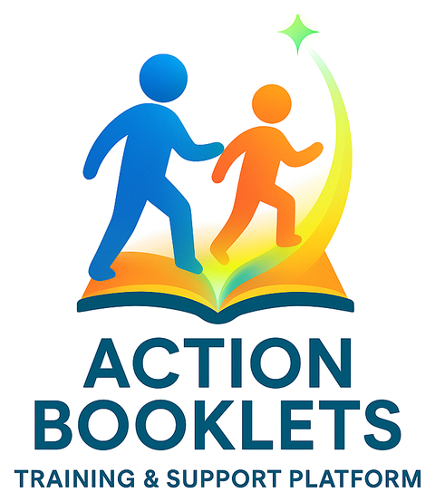Action Booklets Training & Support Platform: a guide and a participant walking across an open book